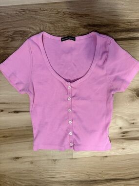 Brandy Melville Pink Ribbed Button-Front Crop Top